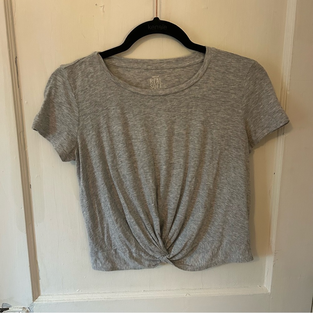 Aerie Gray Twist-Front Short Sleeve Crop Top